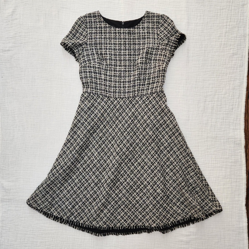 Talbots Black White Tweed Fringe Fit and Flare Dress, Womens 2P